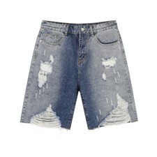 Men Denim Bermuda Shorts Distressed Jeans Fashion Ripped Half Pants Straight Fit