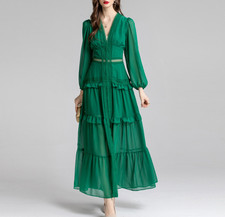 Sexy Deep V-neck Lantern Long Sleeves Dress Women Hollow Out Party Clubwear New