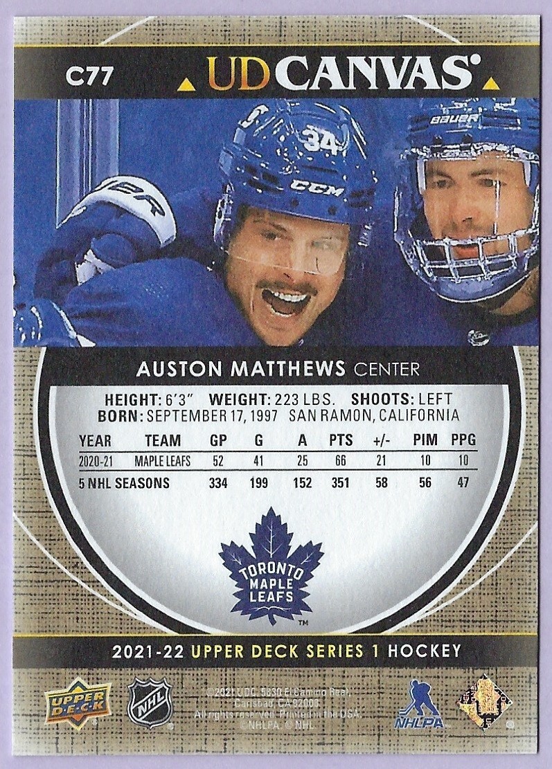 2021/22 Upper Deck Canvas card# C77 of Auston Matthews