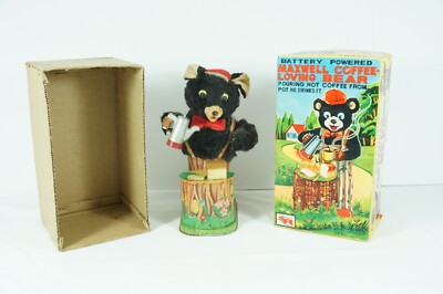 Rosko Tin Toy Battery Operated Maxwell Coffee Loving Bear Animated