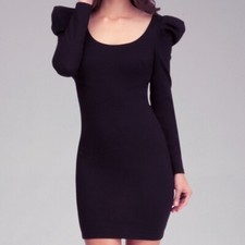 BEBE Little Black Puff-Sleeve Mini Dress Criss-Cross Back Bodycon Size XS
