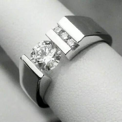 2Ct Round Simulated Diamond Men's Wedding Band Ring 14K White Gold Plated - Picture 1 of 4