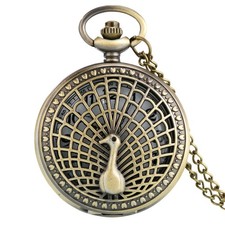 Steampunk Bronze Peacock Quartz Pocket Watch with Necklace Chain Women Men Gifts