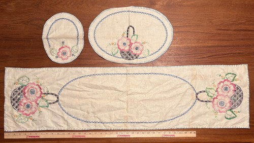 lot (3) vintage hand embroidered cross stitch textiles 46" table runner flowers