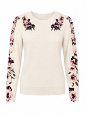 LOFT Outlet Women  s XS Floral Sweater Ivory Pink Burgundy Crewneck Lightweight