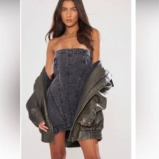 NWT PrettyLittleThing Seam Detail Asymmetric Denim Mini Dress-Washed Black