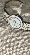 Studio White Dial Round Case Hinge Enamel Inlay Open Cuff Bracelet Band Watch