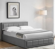 Double Ottoman Faux Leather Bed Frame with Headboard Underbead Storage Grey