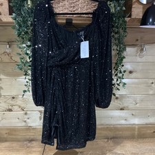 In The Style Black Sequin Wrap Front Ruched Mini Dress Size 10