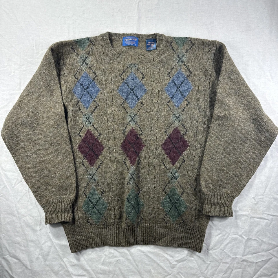 Pendleton Sweater Mens Large Brown Argyle Crew Neck Merino Wool Pullover VTG - Image 2 of 4