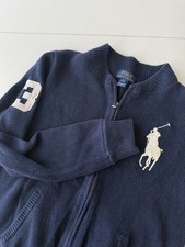 Polo Ralph Lauren full Zip Sweater white Big Pony Boys Large 14-16 Navy