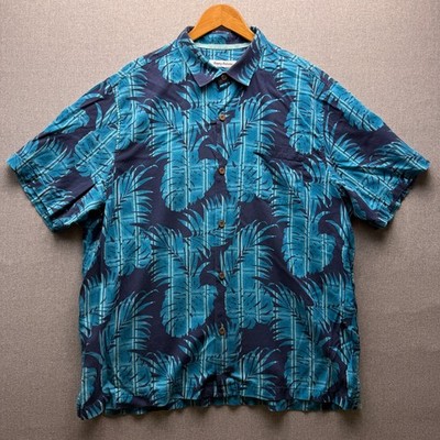 Tommy Bahama Silk Button Down Mens 2XL Palm Leaf Plaid Hawaiian Aloha SS Shirt