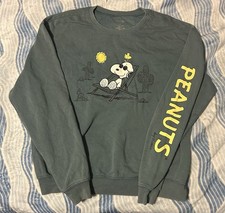Peanuts Men's Green Snoopy Woodstock Graphic Crewneck Sweatshirt Long Sleeve L