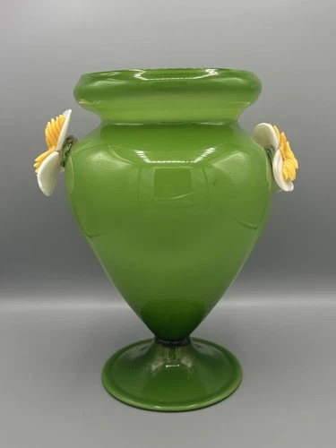 Antique 1930s Art Deco Murano Art Glass Vase w/ Applied Flowers FBS Label 10.5”