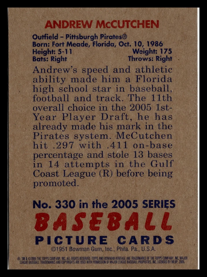 2005 Bowman Heritage #330 Andrew McCutchen Draft Pick Variation - Image 2 of 2