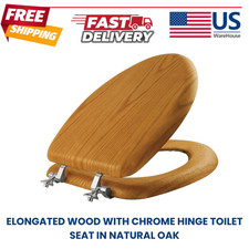 Elongated Wood with Chrome Hinge Toilet Seat in Natural Oak