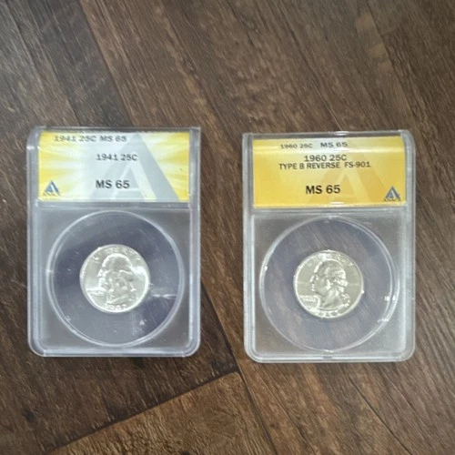 Washington Silver Quarters 1941 & 1960 Type B Reverse FS-901 MS65 ANACS