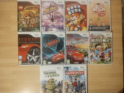 NINTENDO WII KONVOLUT SPIEL SHREK FERRARI AUTOS LEGO INDIANA MONOPOLY BOOM BLOX STAR