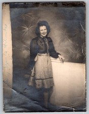 Vtg B&W Snapshot Smiling Woman Plaid Dress Studio Setting 1940s