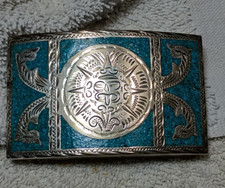 Mexico sterling silver belt buckle inlaid turquois jewelry vintage