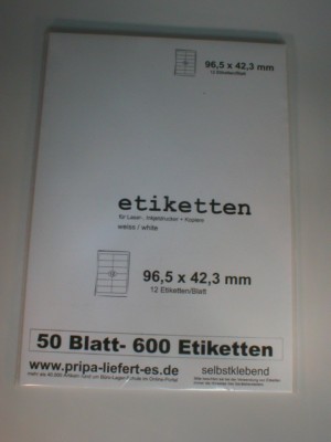 600 Etiketten 96x42 mm selbstklebend auf 50 Blatt A4 weiß Tinte/Laser/Copy PRIPA
