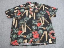 VINTAGE Paradise Found Shirt Mens 2XL Black Aloha Hawaiian Ukulele Long Boards