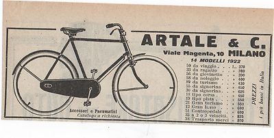 Pubblicità epoca 1922 ARTALE BICI PNEUMATICI advert werbung