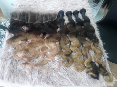 3TONE 1B/4/27 OMBRE BODY WAVE BRAZILIAN VIRGIN HUMAN HAIR 24+26+28+30&24 FRONTAL
