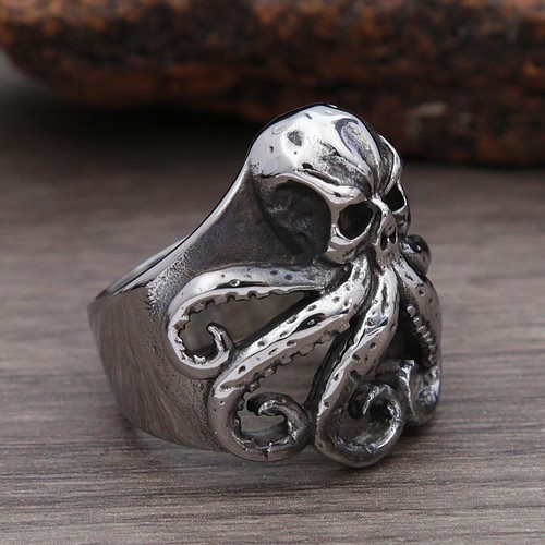 Anello Polpo Teschio Pirata per Uomo Gotico Acciaio Inox Biker Punk Ring - Foto 4 di 13