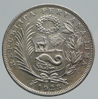 1928 PERU South America w LIBERTY Peruvian Antique Silver 1/2 Sol