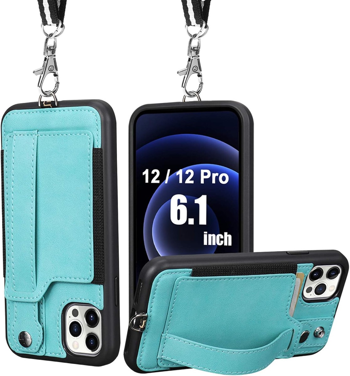 TOOVREN iPhone 12/12 Pro Case with Strap, with Card Holder Green