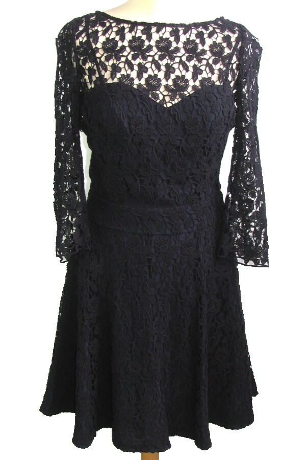 Reiss - Elegant Dress Lace Embroidery Navy Blue T 8 UK 4 USA