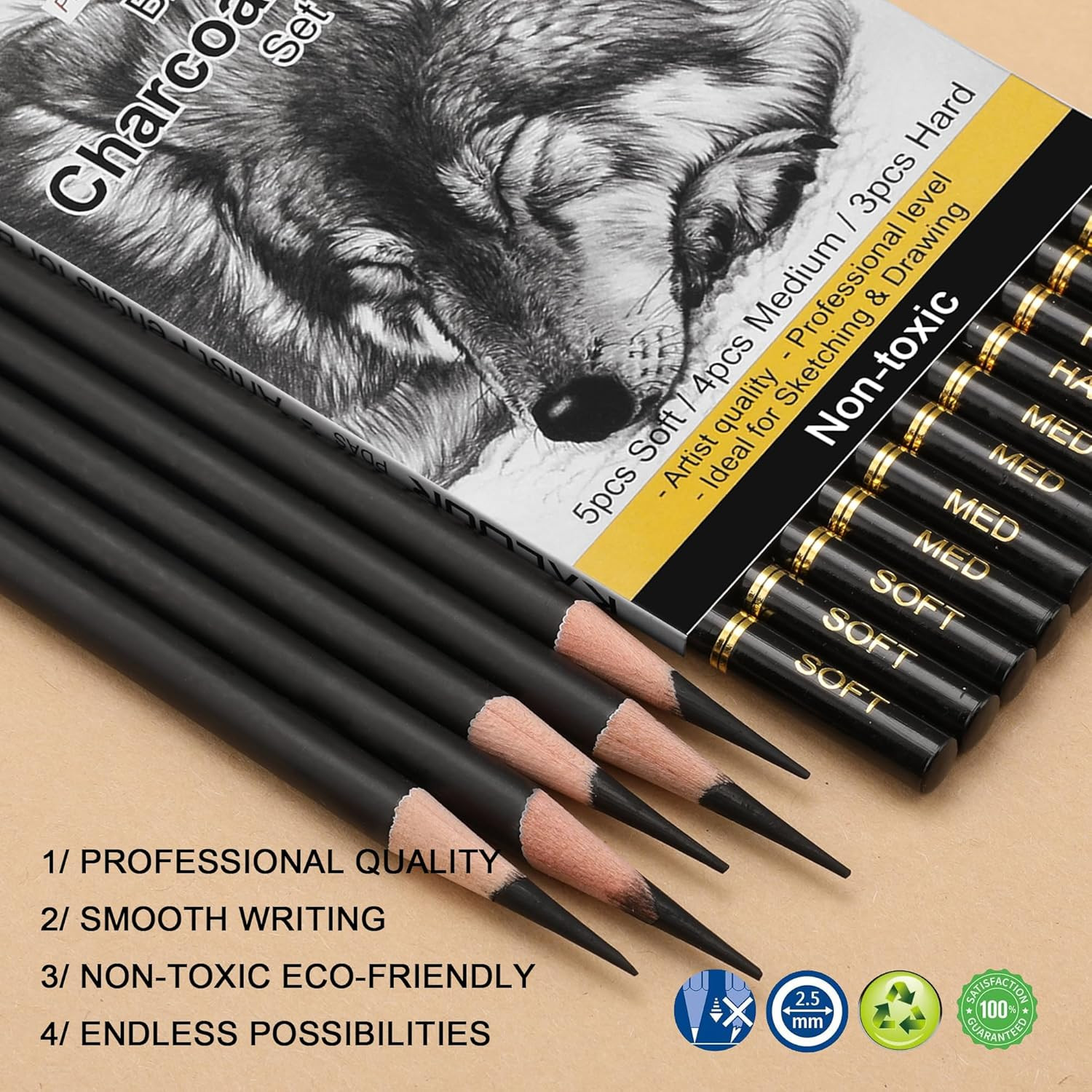 Professional Charcoal Pencils Drawing Set -12 Pieces Soft Medium and Hard Ch...