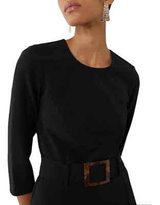 Warehouse Womens Belted Black Midi Dress 3/4 Sleeve Flared
