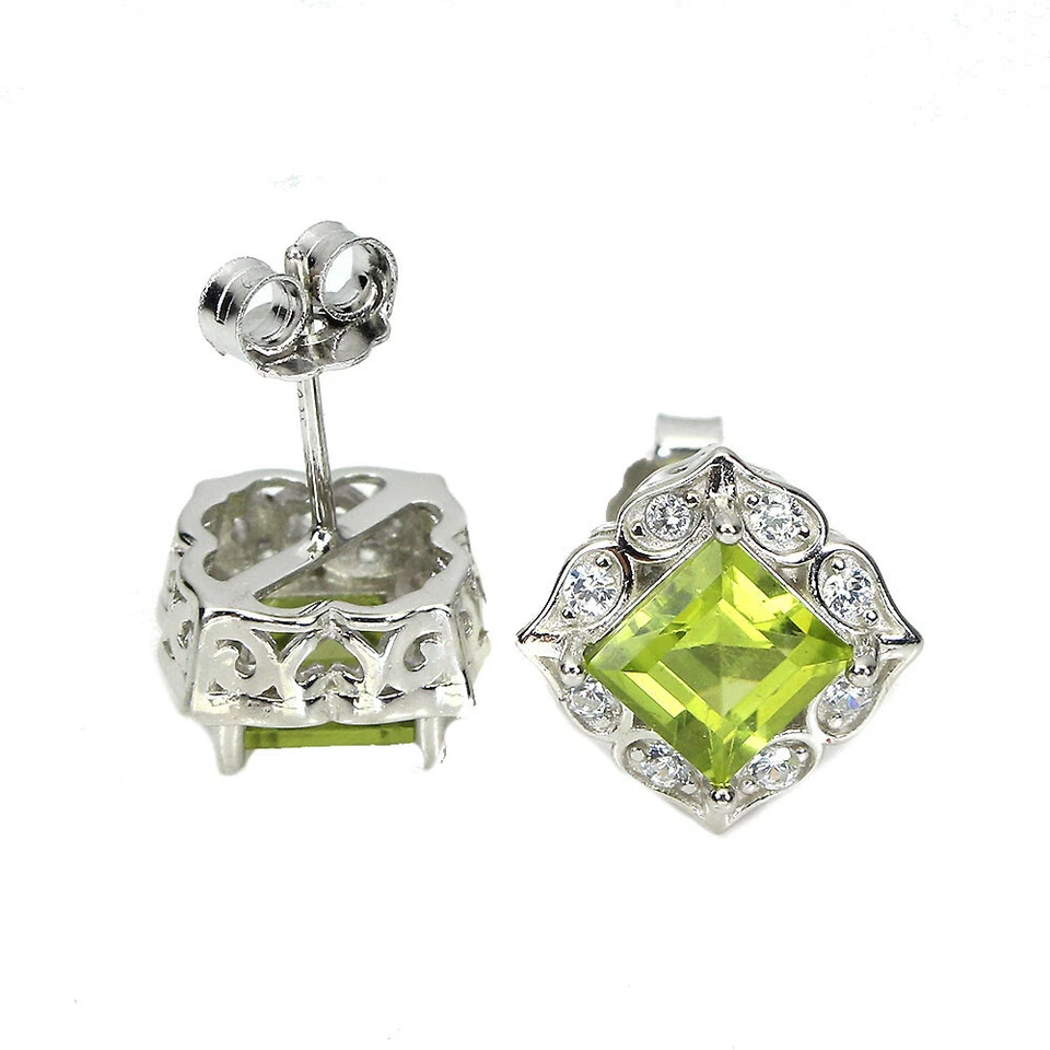 925 Sterling Silver Earrings Square Peridot 6mm Simulated Cz Gemstone Jewelry - Image 3 of 4