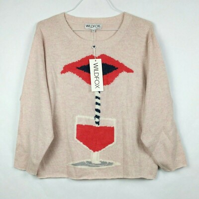NEW Wildfox Womens Small Sweater Suck it Up Vineyard Pout Pink Wine Lips Straw