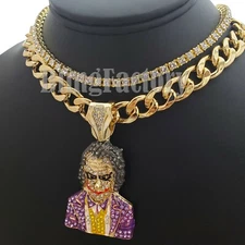 ICED HIP HOP JOKER PENDANT & 18" CUBAN & 1 ROW CHOKER CHAIN BUST DOWN NECKLACE