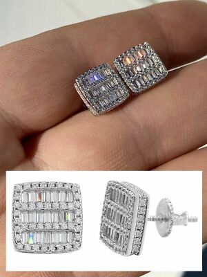 Mens Real Solid 925 Sterling Silver Iced Baguette CZ Earrings Studs 10mm Aretes