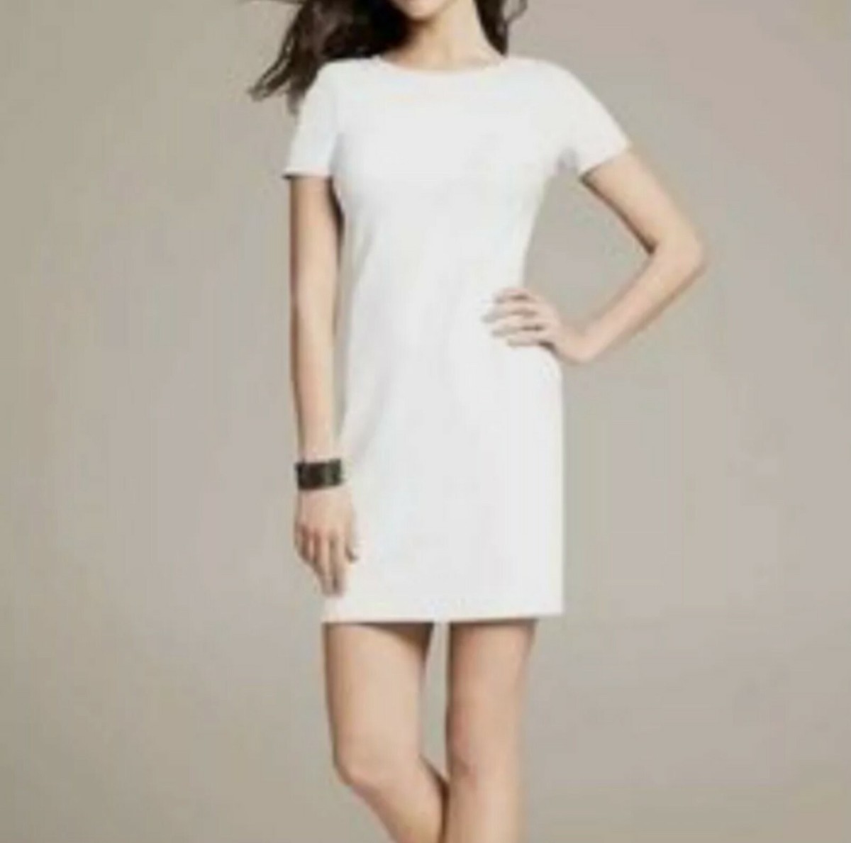 Banana Republic White Faux Leather Sleeves Shift Ponte Knit Dress Size 4  Petite