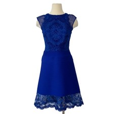 Tadashi Shoji Pintuck Jersey Cocktail Lace Dress Royal Blue Size 4
