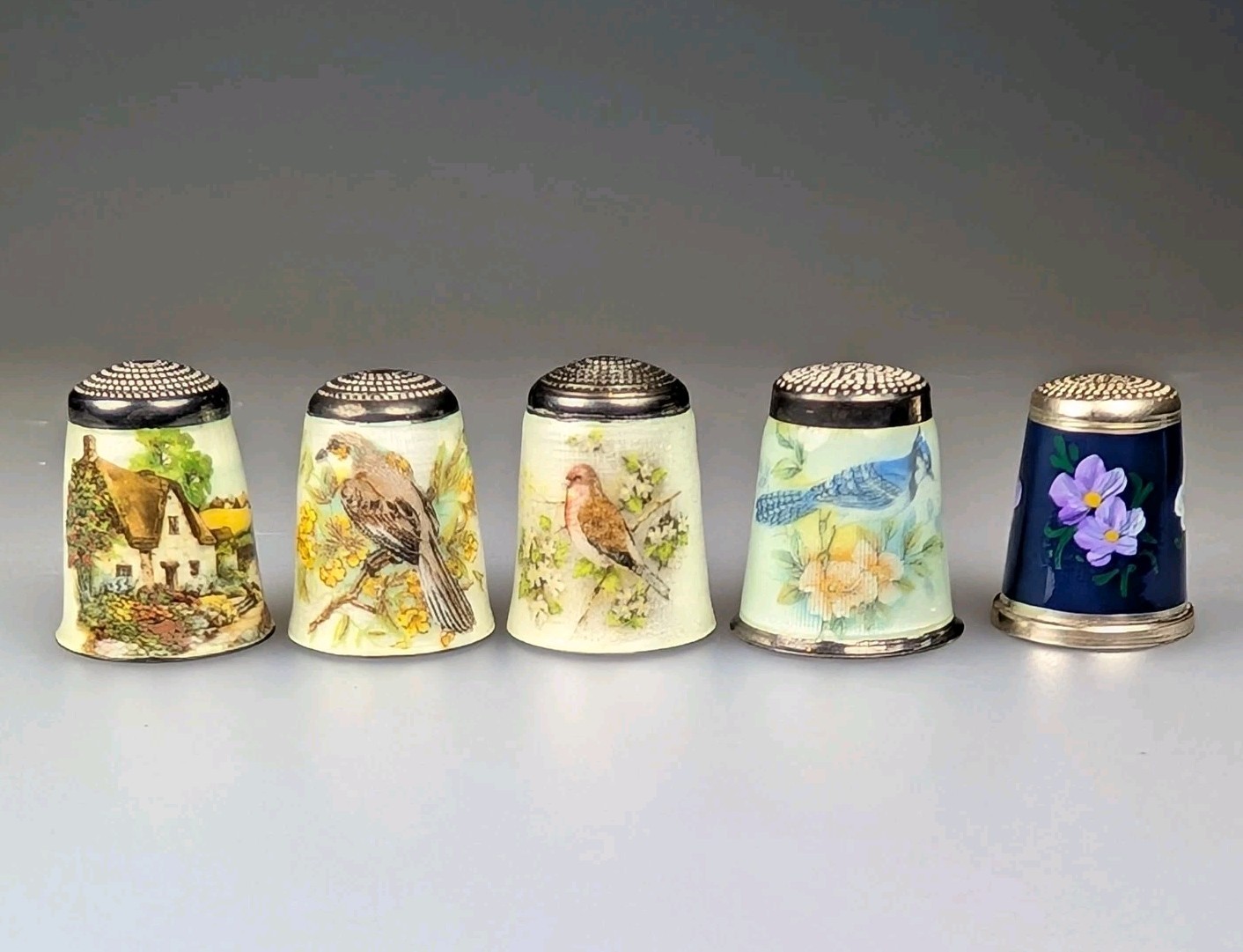 5x Vintage Sterling Silver & Enamel Thimbles Birds Cottage Flowers Sewing