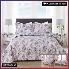 Purple Green White Floral Quilt Full/Queen Size Lightweight Flower Leaves Bedspr