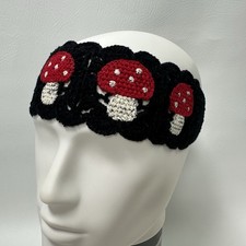 Crochet Head Band Mushrooms Wrap Hobo Hippie Cottagecore Black Red