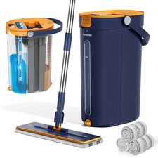 Mop and Bucket Set with Wringer, 3-Tank Flat Mop and Bucket System, Wall Mop ...