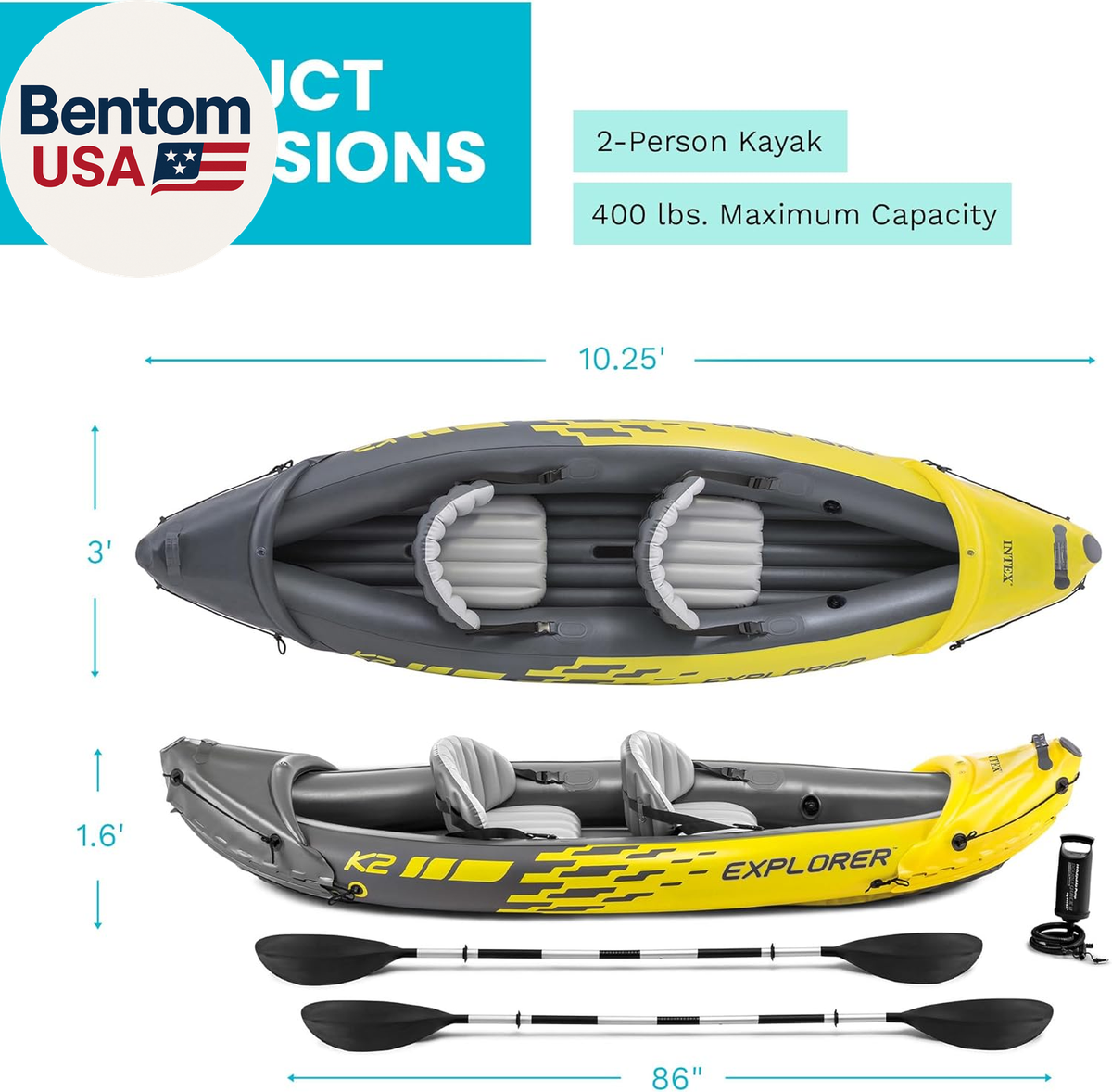 68307EP Explorer K2 Inflatable Kayak Set: Includes Deluxe 86In