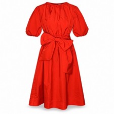LDT Midi Dress 0 Red Coquette Bow Puff Sleeve Wedding Guest Holiday Glam