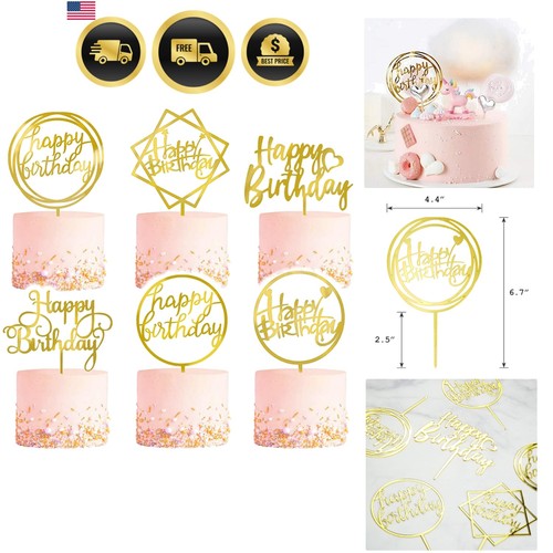 6-Pack Gold Cake Topper Set, Double-Sided Glitter, Acrylic Happy Birthday Cup...