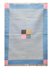 Hand Knotted Cotton Dhurrie Kilim Rug Color Sky Blue Handmade Design Carpet Rug