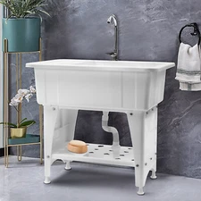 White Utility Sink Laundry Tub Freestanding Sink Wash Station w/ Faucet Home