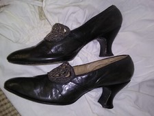 Vintage 1920's Black Leather Flapper Heels Sommer Kaufmann Size 5-1.5